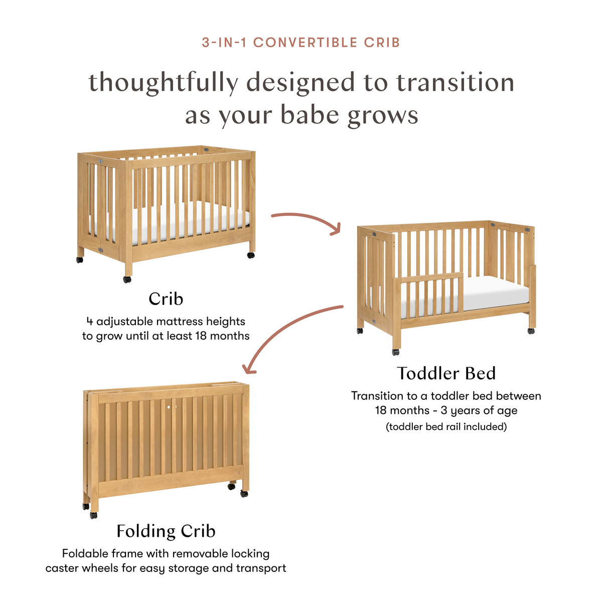 Maki Portable Folding Crib with Toddler Bed Conversion Kit in Honey