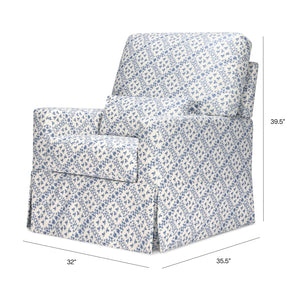 3/4 View of Sarah Flint x Namesake Crawford swivel glider in blue lattice showing pillowback, skirt, dims 32 x 35.5 x 39.5 in
