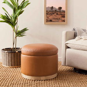 Naka Storage Ottoman in Vegan Leather in Vegan Tan Leather with Light Wood Base