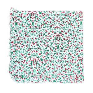 Christmas mistletoe with red bows, green leaves, and red berries cloth napkin with ruffles 