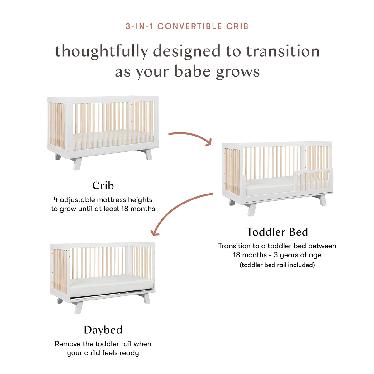 Hudson 3-in-1 Convertible Crib with Toddler Bed Conversion Kit in White & Washed Natural