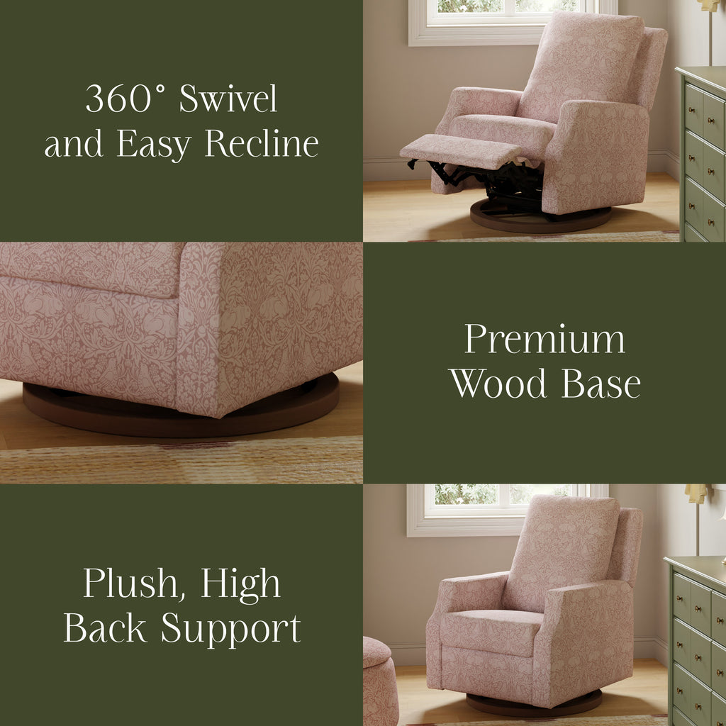 Crewe recliner and swivel glider in rose Brer Rabbit fabric showing 360 degree swivel, wood base, plush high back