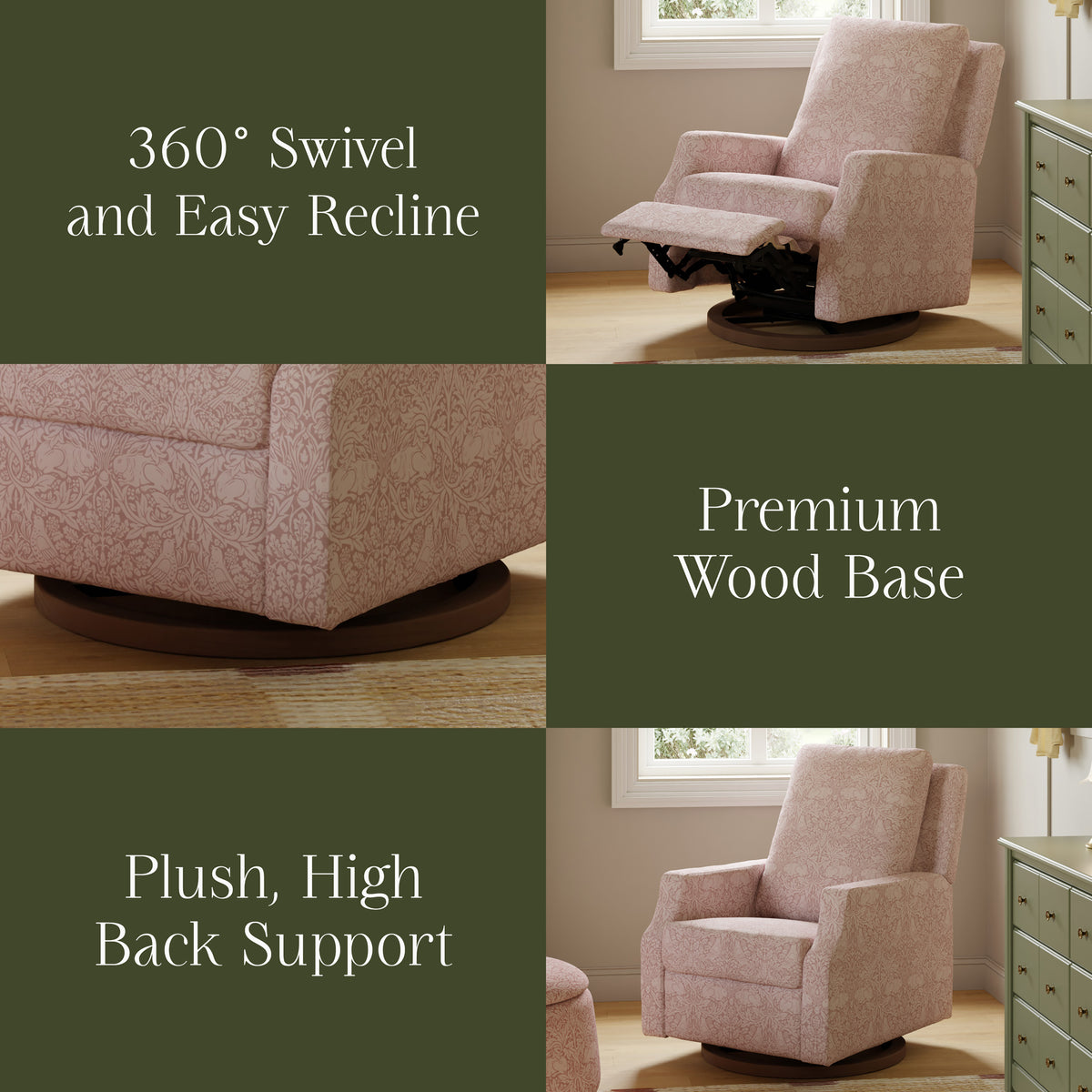 Crewe recliner and swivel glider in rose Brer Rabbit fabric showing 360 degree swivel, wood base, plush high back