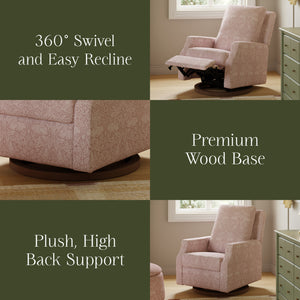 Crewe recliner and swivel glider in rose Brer Rabbit fabric showing 360 degree swivel, wood base, plush high back