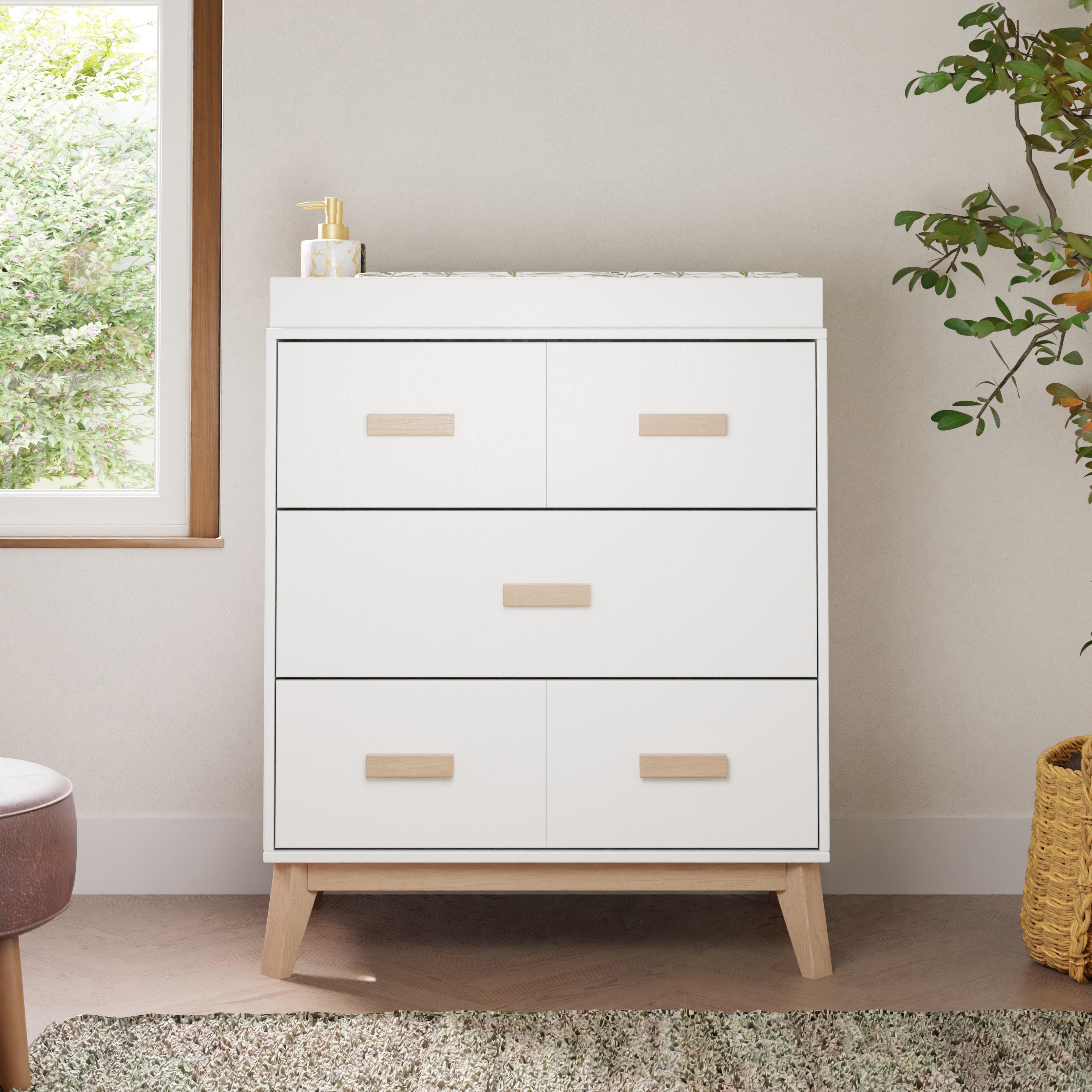 Scoot 3-Drawer Compact Changer Dresser with Removable Changing Tray (34") in White & Washed Natural