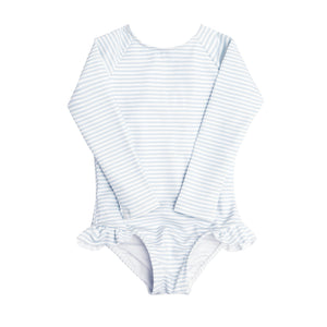 Girls Rashguard One-Piece in Powder Blue Stripe