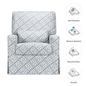Front view of Namesake Crawford swivel glider in blue lattice fabric with stain-resistant and moisture-repellent icons