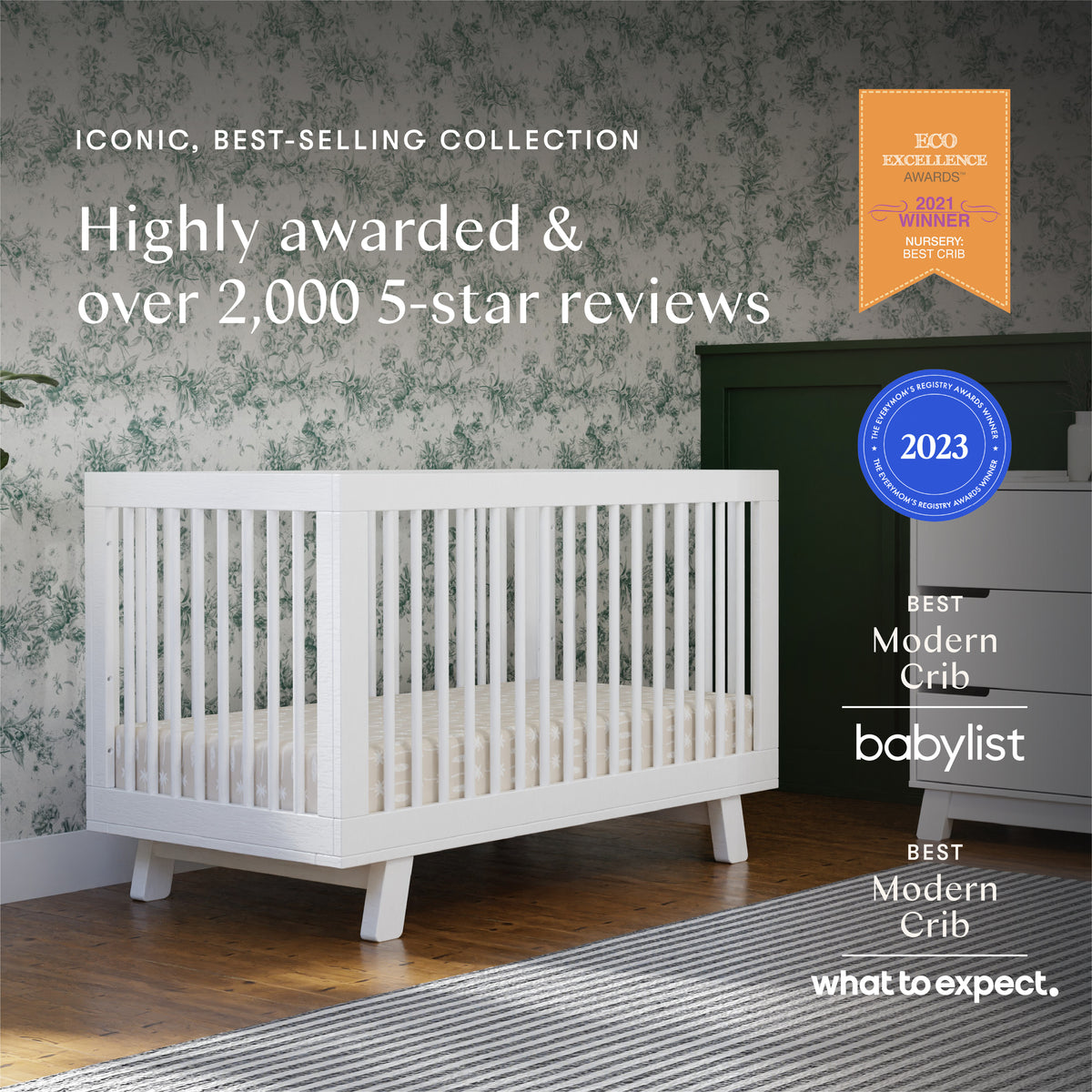 Hudson 3-in-1 Convertible Crib with Toddler Bed Conversion Kit in White