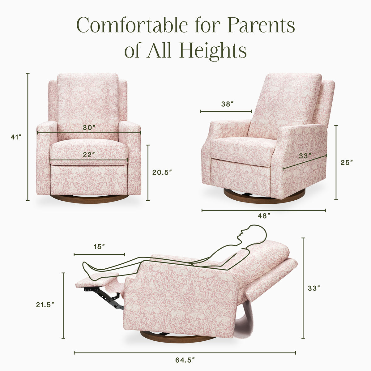 Diagram showing dimensions of Crewe Recliner and Swivel Glider with headline Comfortable for Parents of All Heights