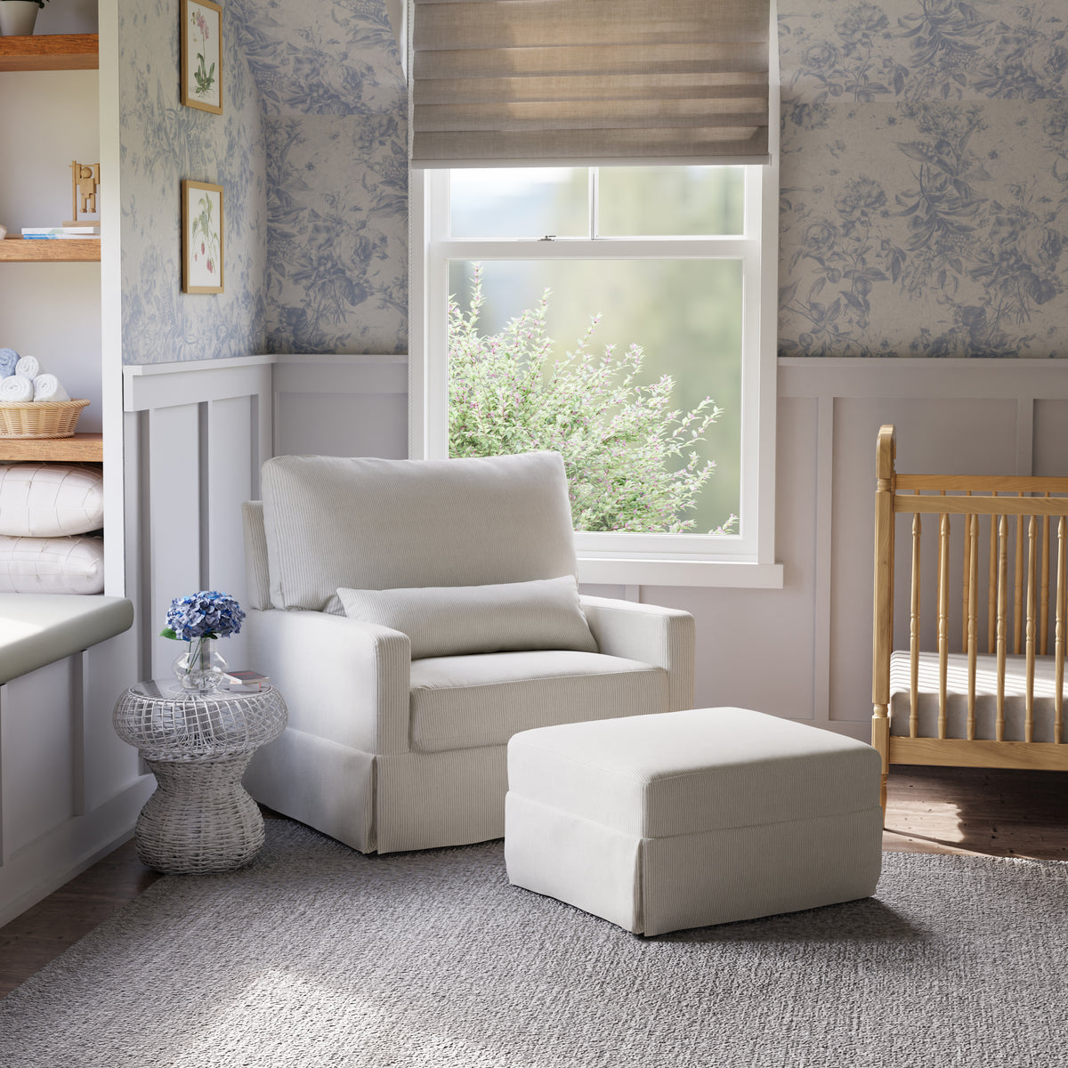 Crawford Gliding Ottoman in Fog Chatham Stripe Performance Eco-Weave