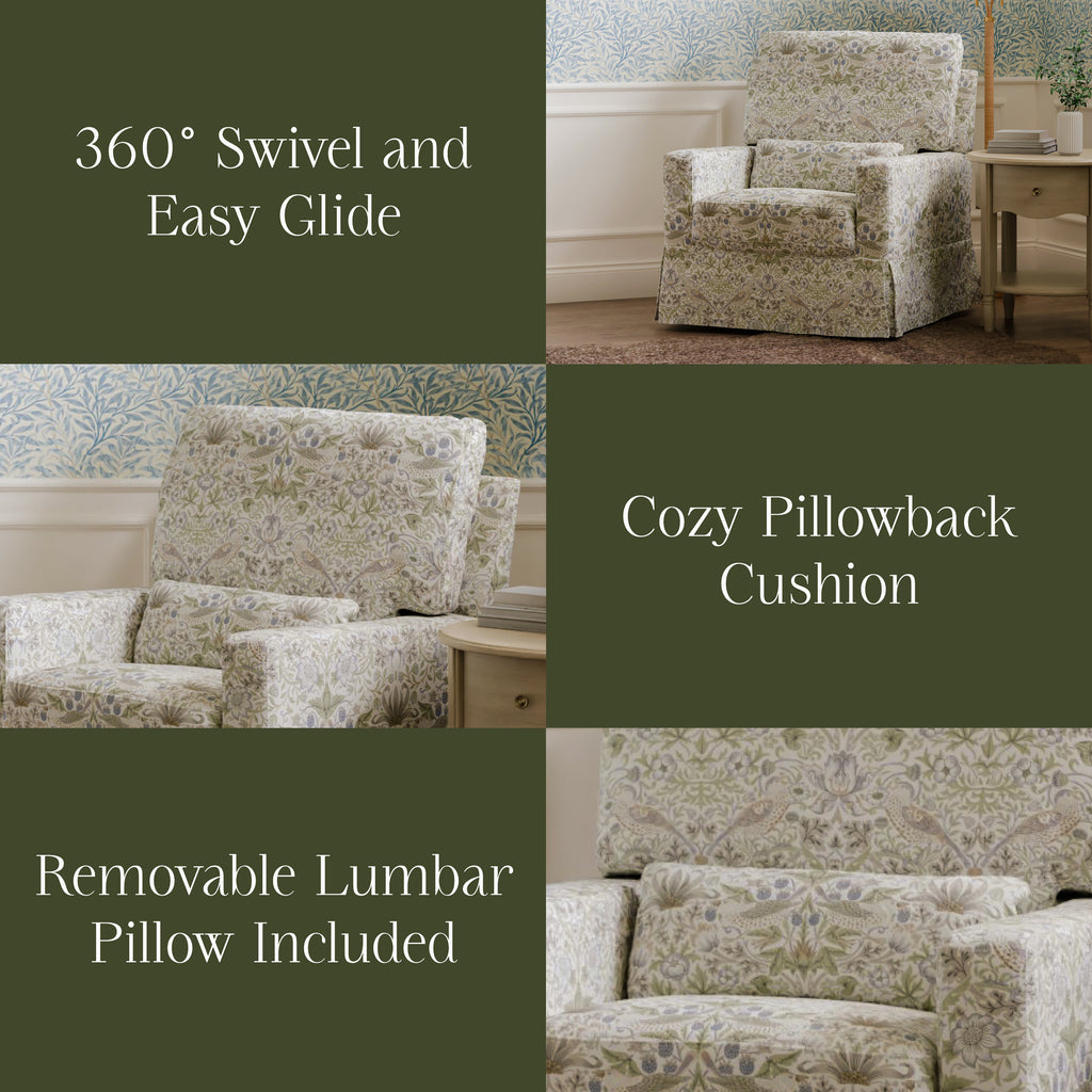 Morris & Co. x Namesake Crawford Pillowback Comfort Swivel Glider Strawberry Thief in Fig & Thyme