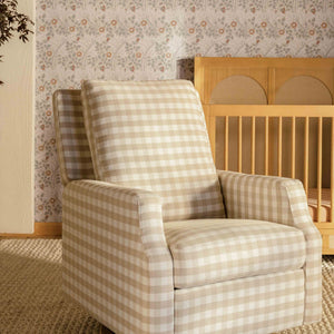 Crewe Electronic Recliner and Swivel Glider in Tan Gingham with Light Wood Base