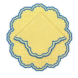 Yellow gingham napkin with blue embroidery - luxury napkin and placemat