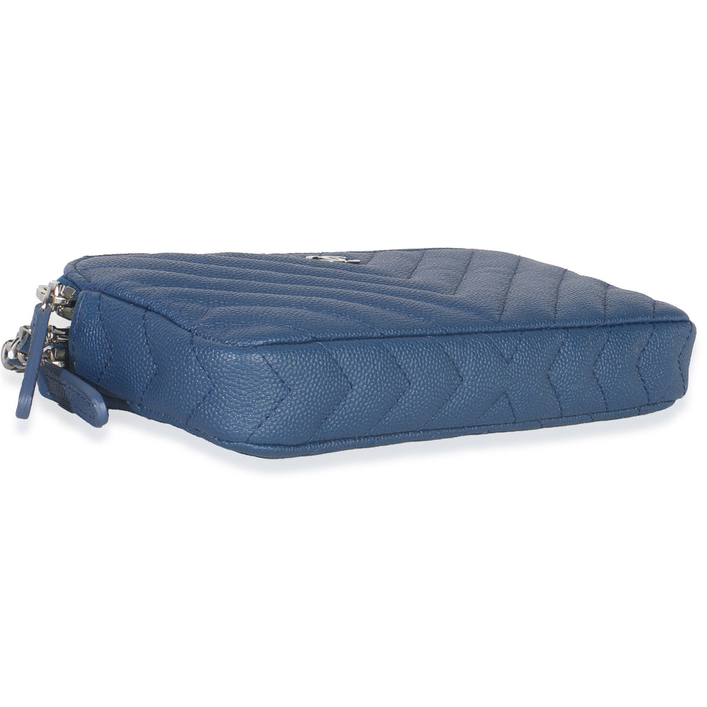 Chanel Blue Chevron Caviar Double Zip Clutch Handbag