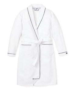 Men’s White Flannel Robe with Navy Piping