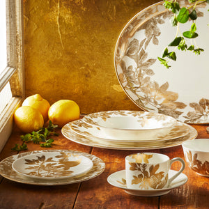 Warm sunlight shines through a window on Caskata's Gold Arbor Collection. Products featured include the canapé plate, salad plate, cup and saucer, charger, dinner plate, rimmed soup bowl, small bowl and platter.