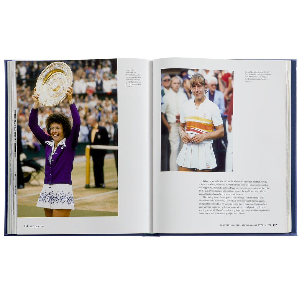 Open book spread of Trailblazers: The Unmatched Story of Women’s Tennis showing two full-page photos of women tennis players