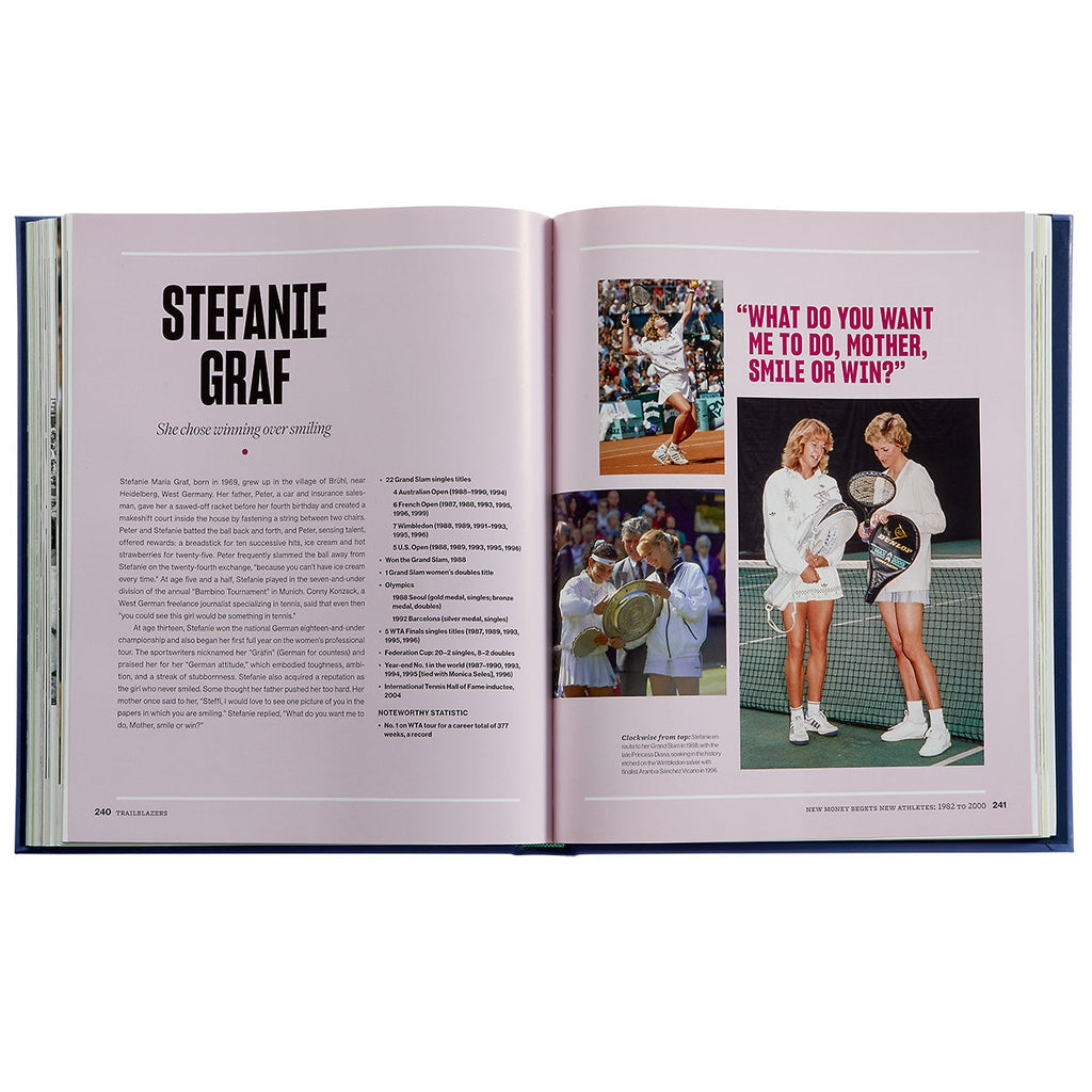 Front view of Trailblazers book open to a Stefanie Graf spread, showing large headline, photos, and pink two-page layout