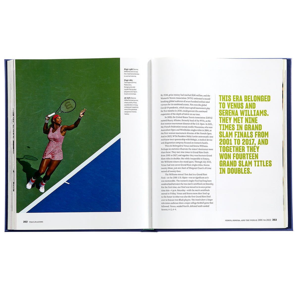 Open spread of Trailblazers book showing a tennis photo and bold green headline ‘THIS ERA BELONGED TO VENUS AND SERENA WILLIAMS’