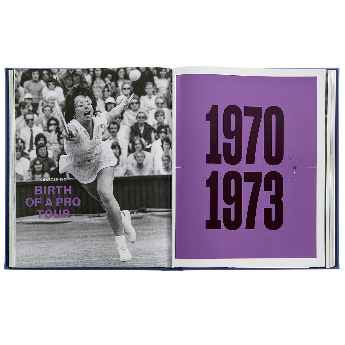 Open spread of Trailblazers book showing a black-and-white photo and a purple page reading 1970 1973 with blue cover edge