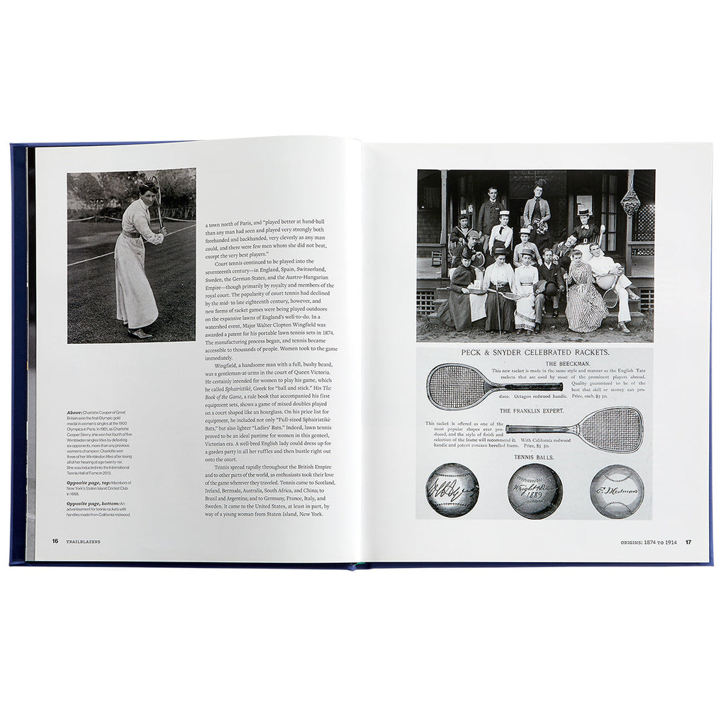 Open spread of Trailblazers book showcasing black and white historical photos and a page titled Peck and Snyder Celebrated Rackets on white background