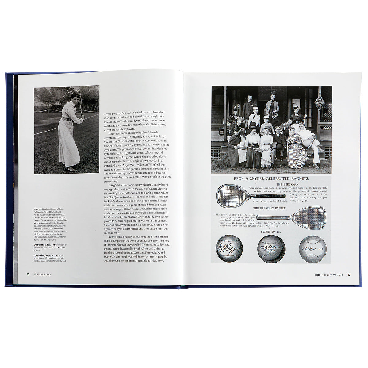 Open spread of Trailblazers book showcasing black and white historical photos and a page titled Peck and Snyder Celebrated Rackets on white background