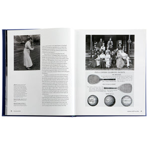 Open spread of Trailblazers book showcasing black and white historical photos and a page titled Peck and Snyder Celebrated Rackets on white background