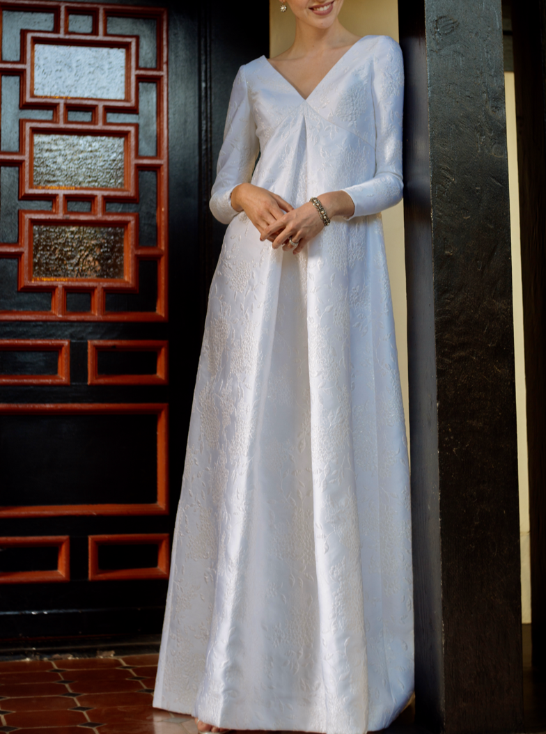 Pleat Front Long Sleeve Wedding Gown