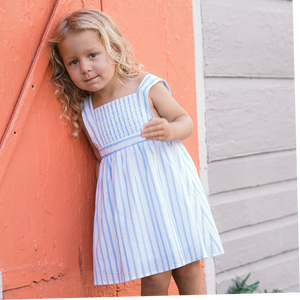 Girls Bahamian Blue Stripe Smocked Bib Dress