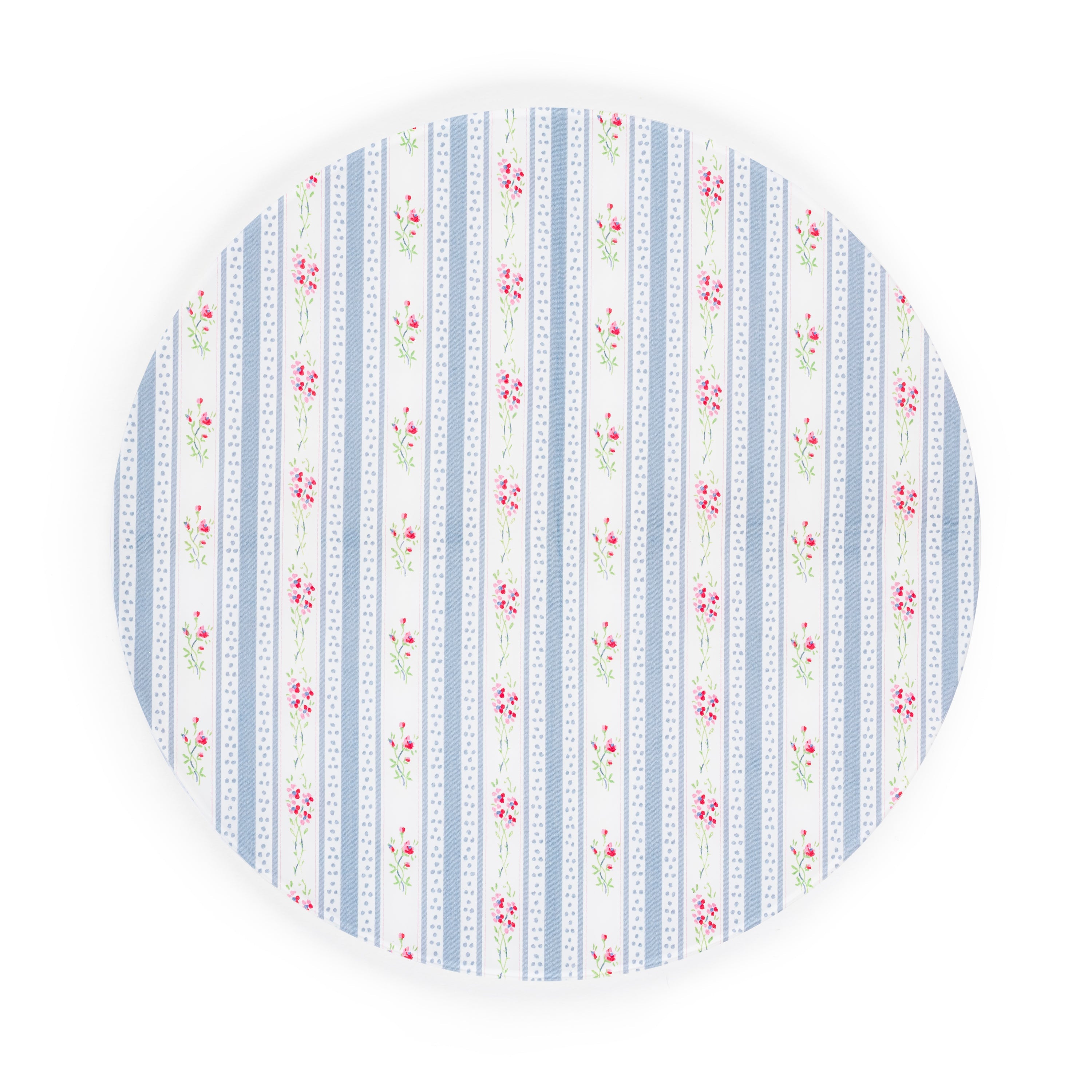 Linen-printed acrylic circular placemat with vintage gray and white floral fabric.