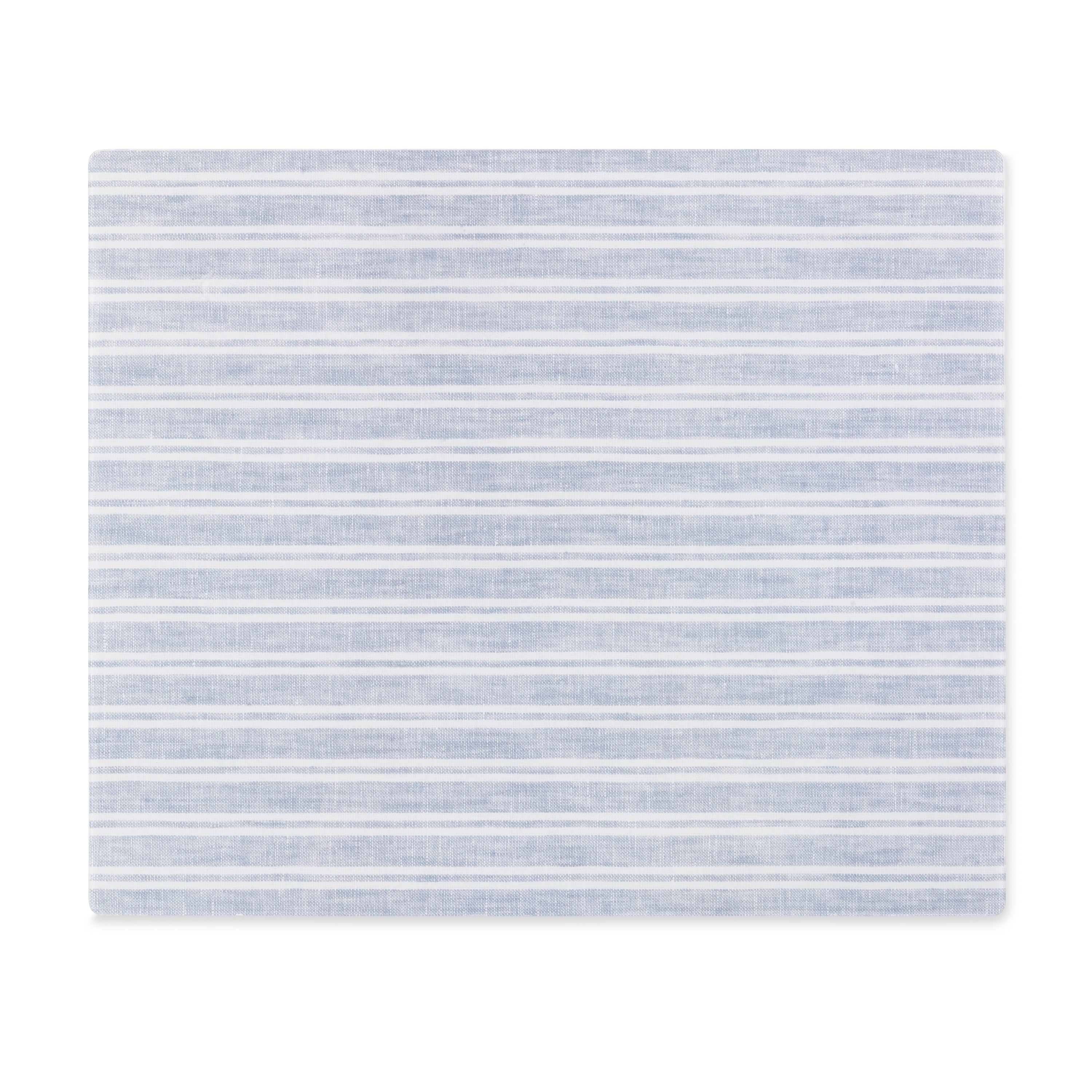 Rectangular linen-printed acrylic placemat with neutral gray and white stripe fabric.