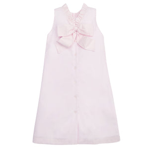 Little English traditional girl's clothing, classic older girl's sleeveless dress for spring, light pink shift dress with ruffle collar for tweens