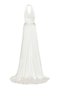 Francoise White Silk V-Neck Halter Gown With Train