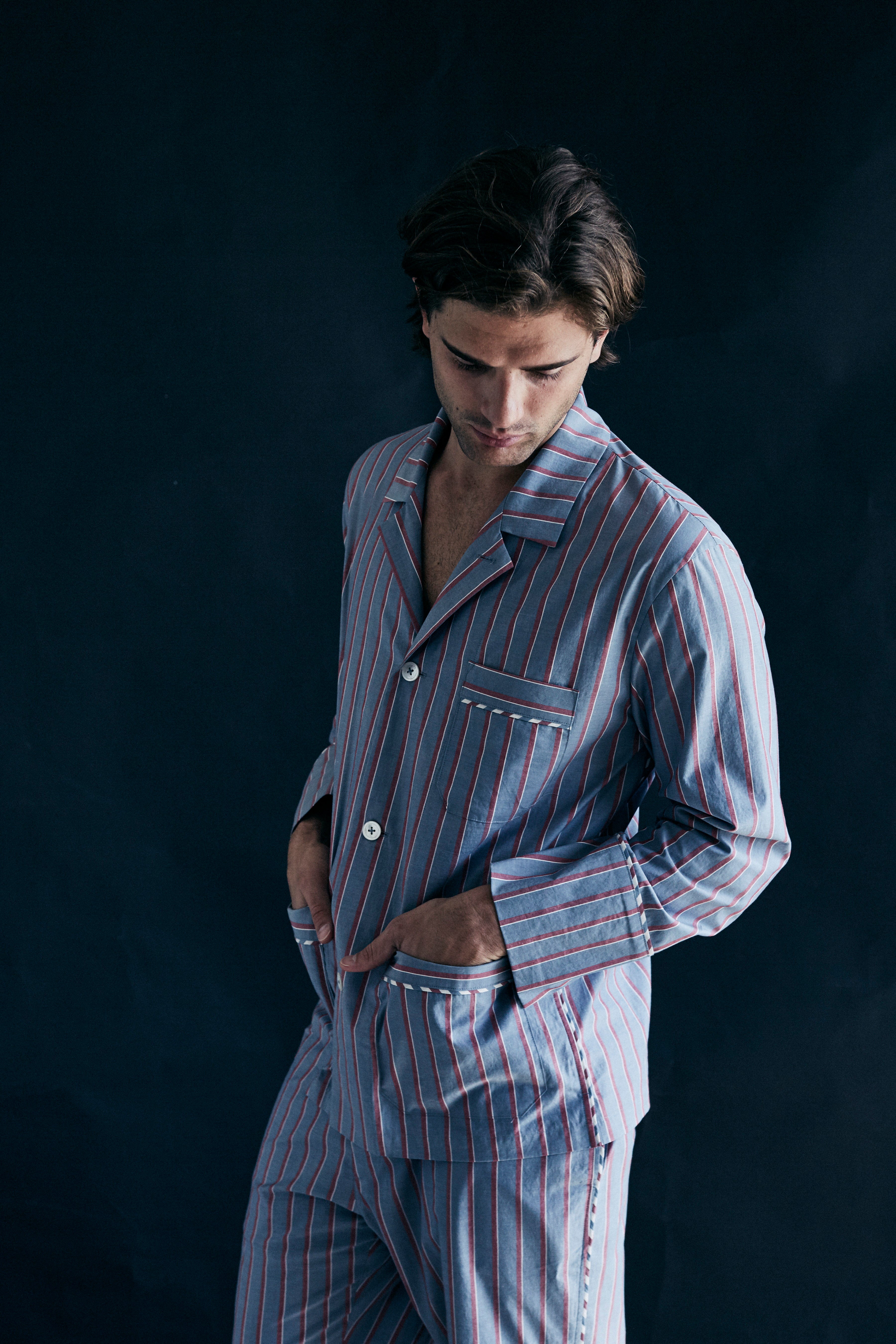 Hyperion Men's Pajama Top in Red Grey Stripe