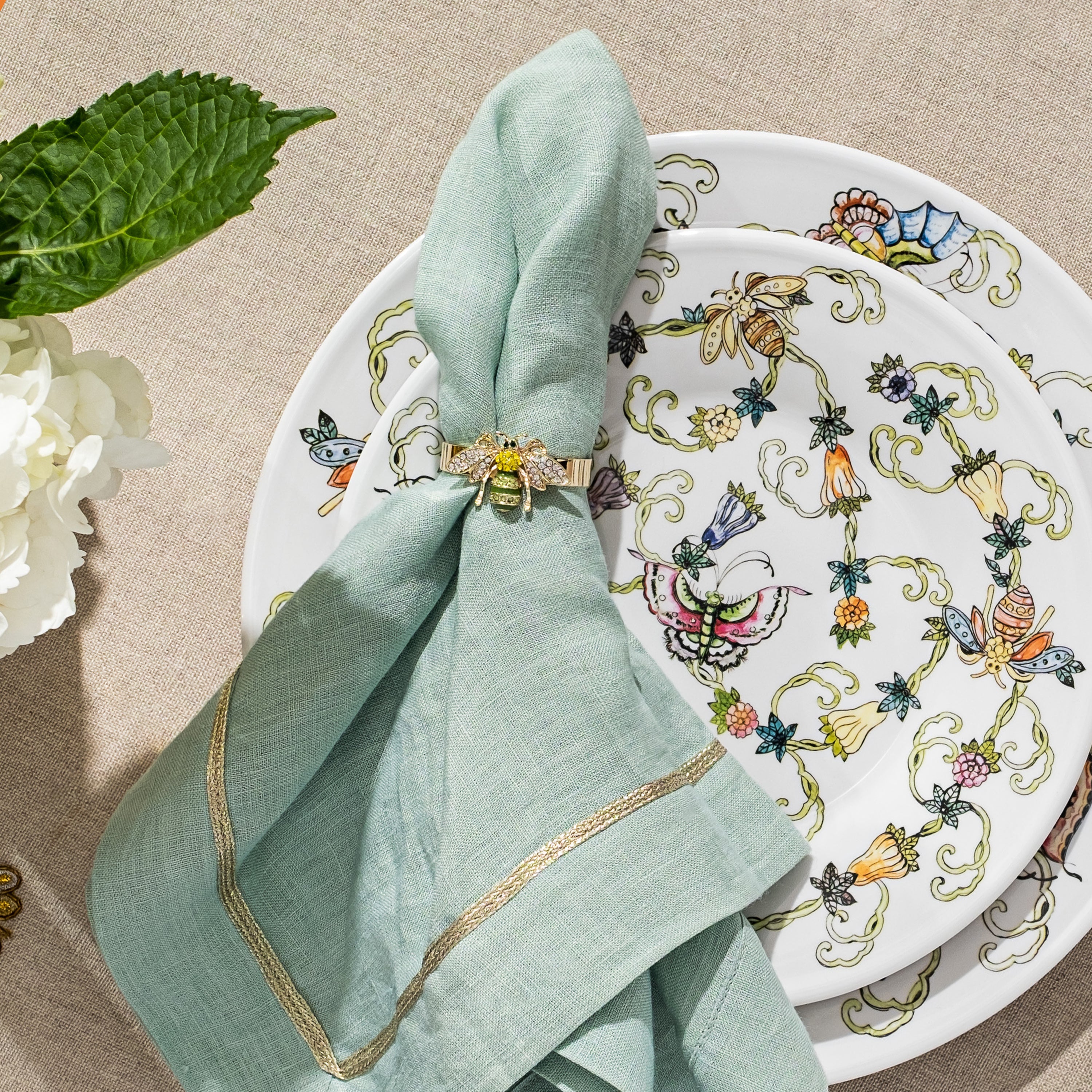 Skinny Stripey Bee Napkin Rings in Green, Set of Four