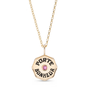 Gold Porte Bonheur Coin Necklace with Pink Sapphire and Black Enamel