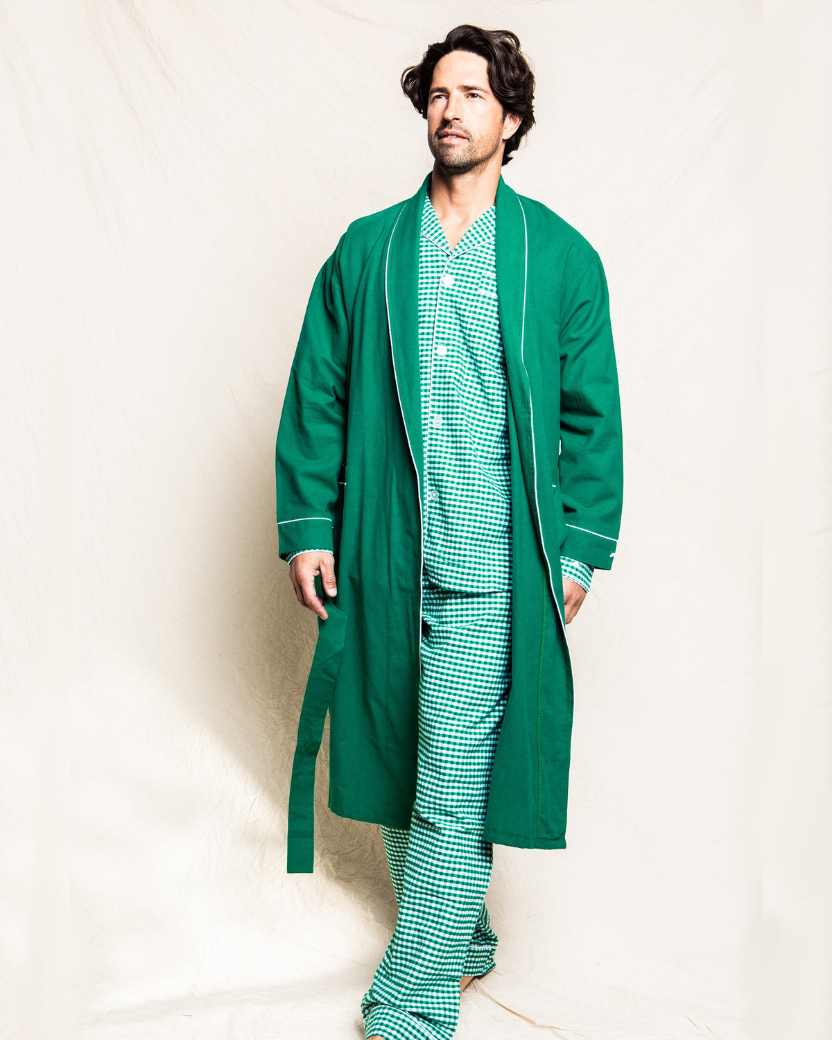 Men’s Forest Green Flannel Robe with White Piping