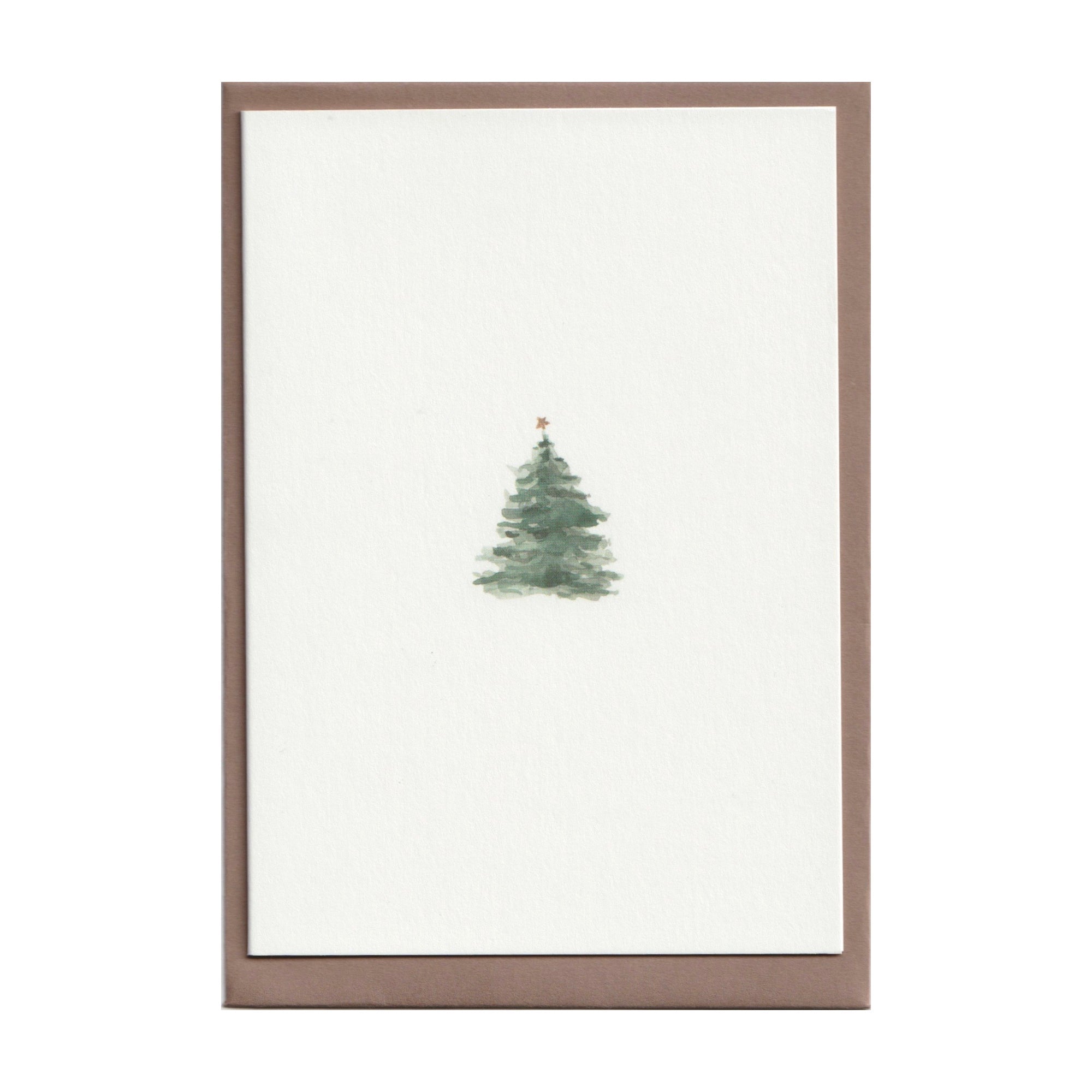 Luxury Christmas Card by Memo Press with a watercolour illustration of a traditional Christmas Tree with a single star on top and comes with a nubuck brown envelope made in Britain