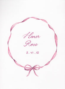 memo press art print of a ribbon wreath and personalised with a baby name and date of birth, the perfect present 