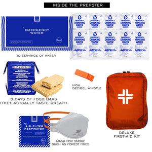 The Preppi Prepster Emergency Backpack water supply, food supply, comprehensive first-aid kit and mask included