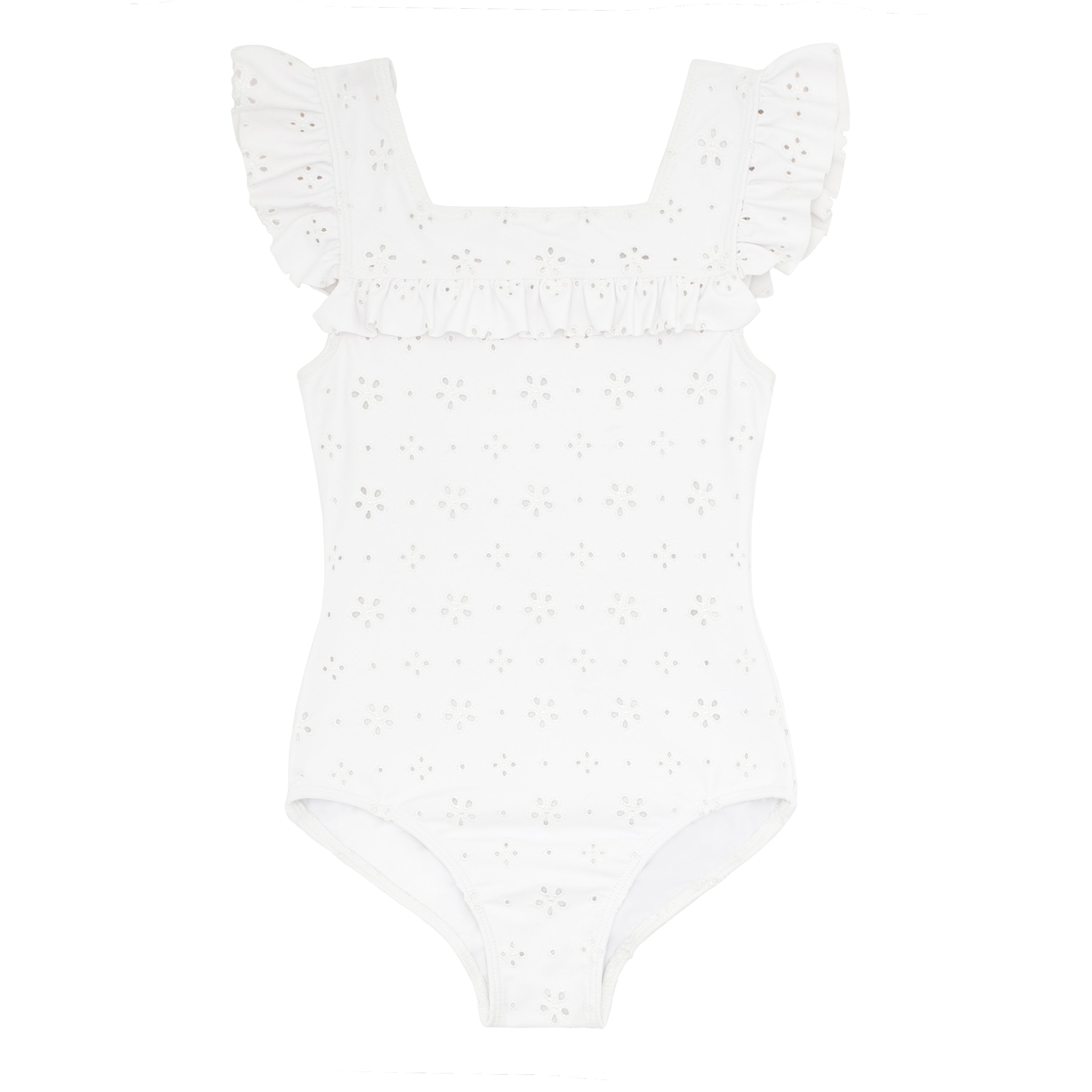 Girls White Eyelet Square Neck Double Ruffle One Piece