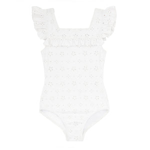 Girls White Eyelet Square Neck Double Ruffle One Piece