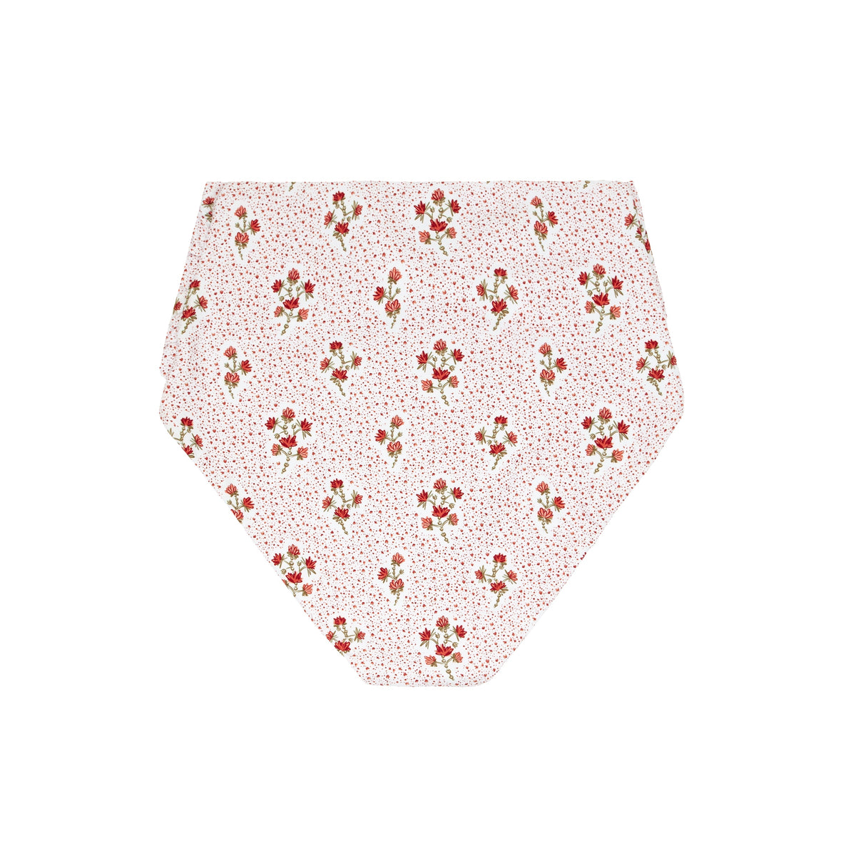 Flat lay of women’s high-waist bikini bottom showing white fabric with small raspberry-red floral print on white background