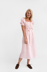 Brigitte Midi Linen Dress in Pink Vichy