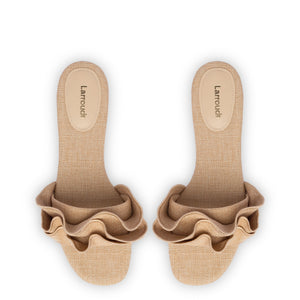 Ivy Ruffle Flat Mule In Beige Raffia